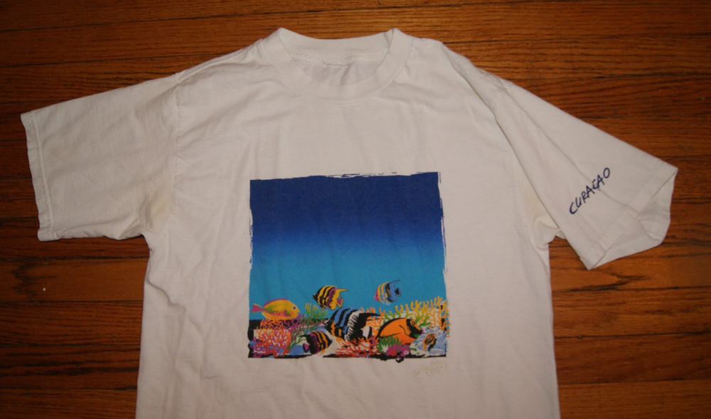 Vintage Curacao White T-Shirt Tropical Fish Underwater Coral Ocean Print Mens M